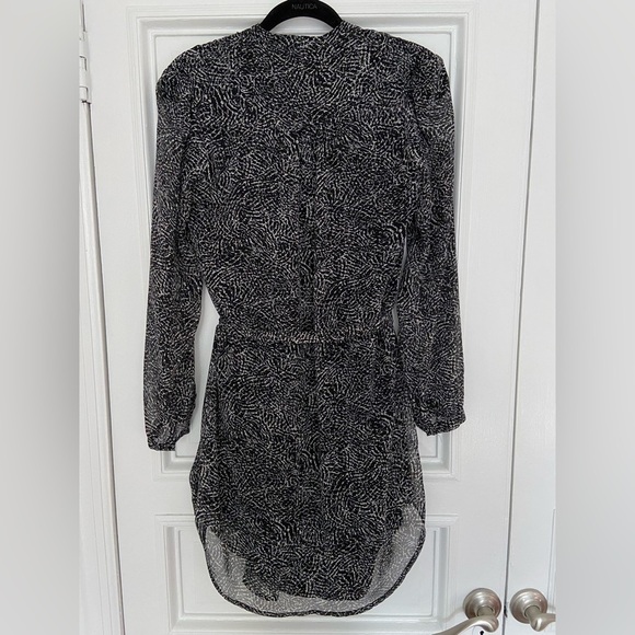 Saks Fifth Avenue Black White Gray Patterned Classy Long Sleeve Tie Waist Dress - Picture 6 of 14